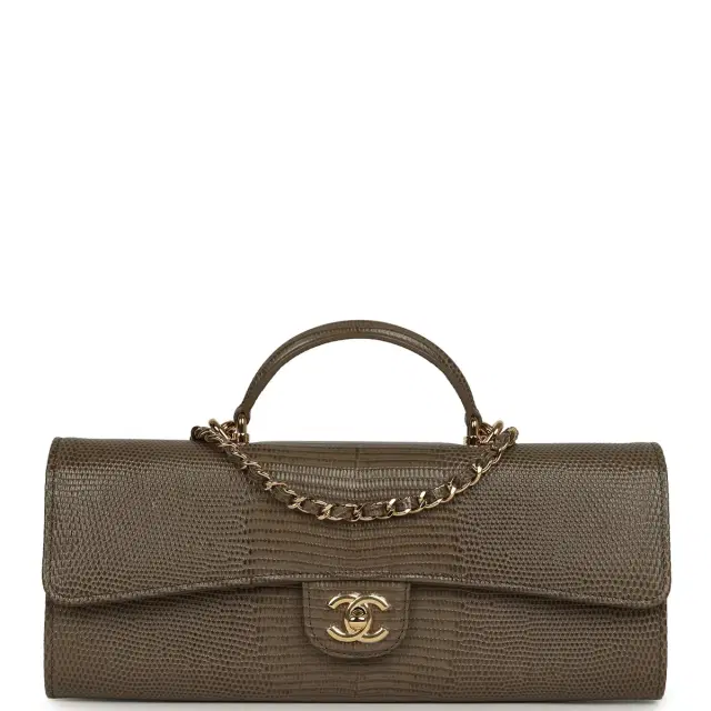 Chanel Chanel Long Top Handle Clutch with Chain Dark Khaki Lizard Embossed Calfskin Gold Hardware