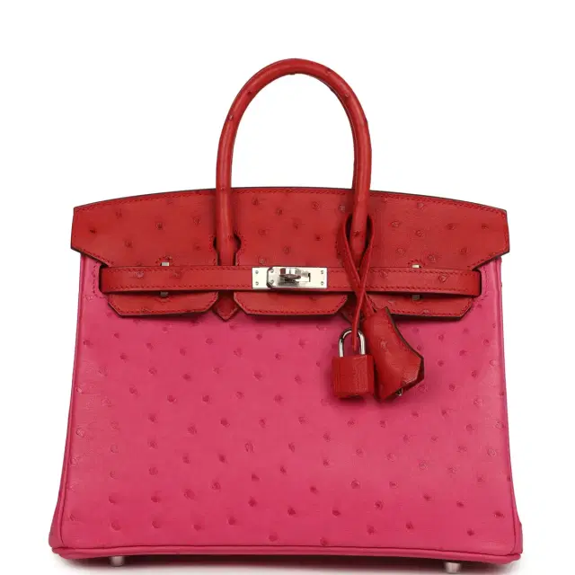 HERMÈS Hermes Birkin 25 Rose Tyrien, Rouge Vif Ostrich Touch Palladium Hardware