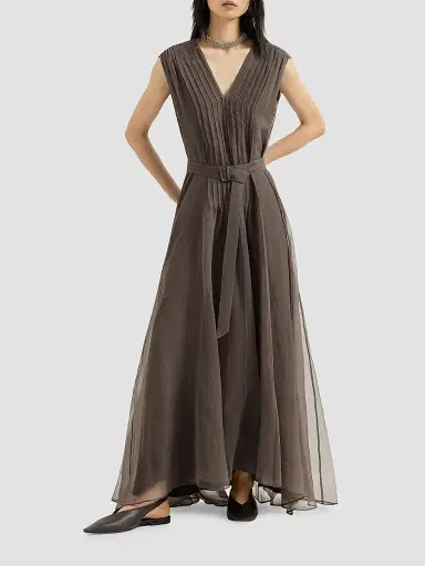 Brunello Cucinelli Women's Crispy Silk Belted Dress with Pleated Detail and Precious Strap | Thumbnail 2