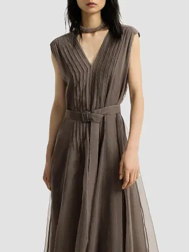 Brunello Cucinelli Women's Crispy Silk Belted Dress with Pleated Detail and Precious Strap | Thumbnail 4