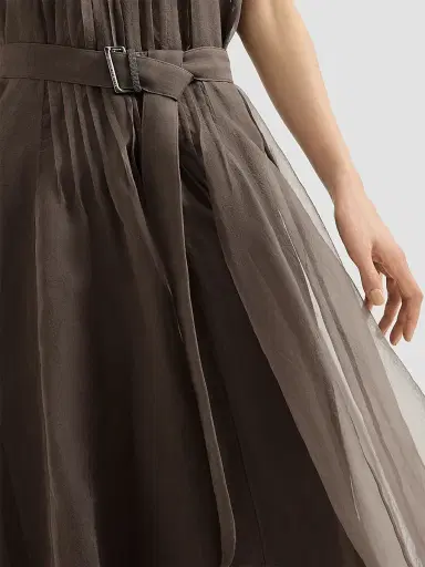 Brunello Cucinelli Women's Crispy Silk Belted Dress with Pleated Detail and Precious Strap | Thumbnail 5