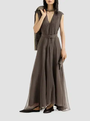 Brunello Cucinelli Women's Crispy Silk Belted Dress with Pleated Detail and Precious Strap | Thumbnail 6