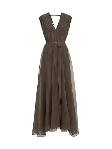 Brunello Cucinelli Women's Crispy Silk Belted Dress with Pleated Detail and Precious Strap | Thumbnail 1