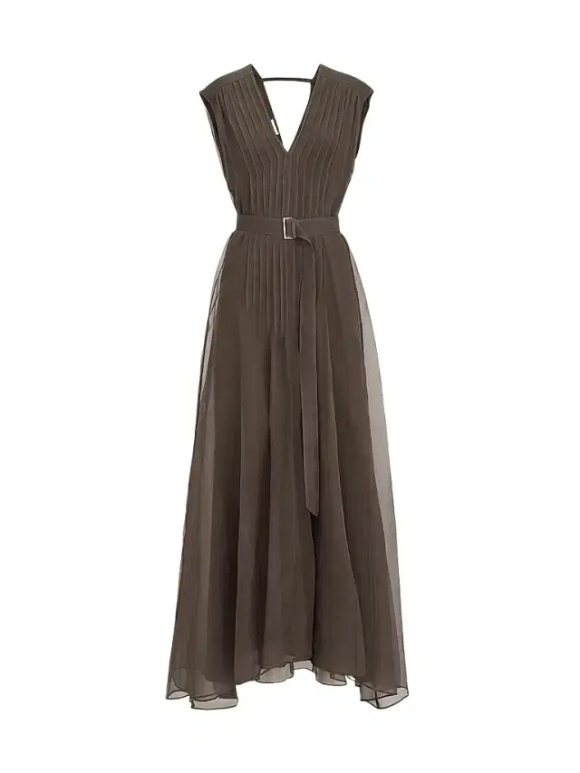 Brunello Cucinelli Women's Crispy Silk Belted Dress with Pleated Detail and Precious Strap - Chocolate