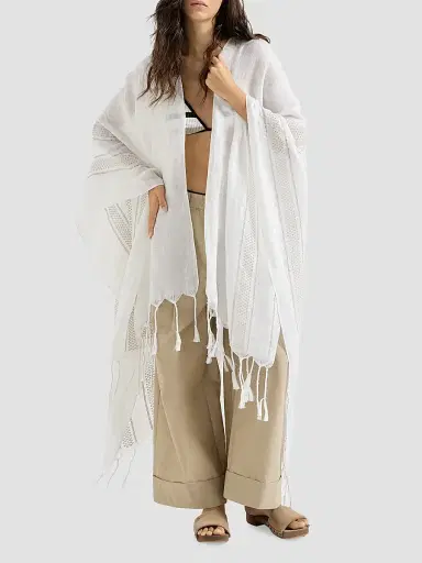 Brunello Cucinelli Women's Linen Poncho with Broderie Anglaise - White | Thumbnail 2