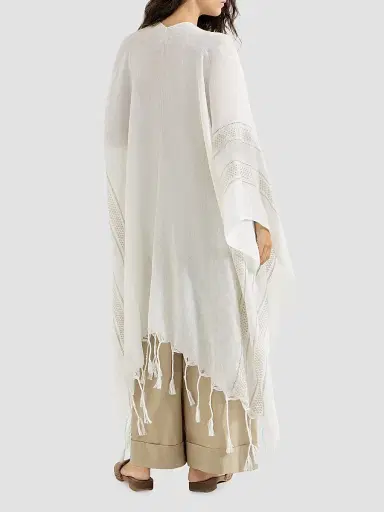 Brunello Cucinelli Women's Linen Poncho with Broderie Anglaise - White | Thumbnail 3