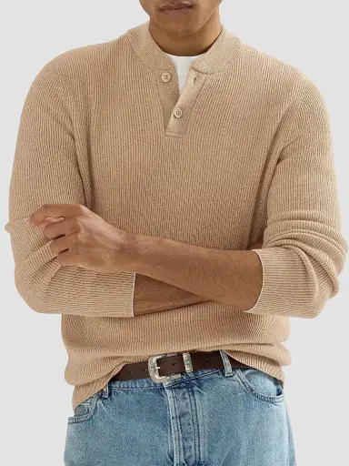 Brunello Cucinelli Men's Cashmere English Rib Sweater with Henley Collar | Thumbnail 4 Brunello Cucinelli Men's Cashmere English Rib Sweater with Henley Collar | Thumbnail 4