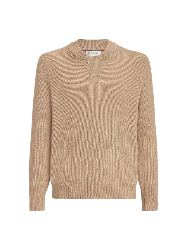 Brunello Cucinelli Men's Cashmere English Rib Sweater with Henley Collar - Camel - Size 48