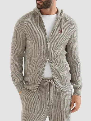 Brunello Cucinelli Men's Cashmere English Rib Hooded Knit Sweatshirt - Stone Grey | Thumbnail 2 Brunello Cucinelli Men's Cashmere English Rib Hooded Knit Sweatshirt - Stone Grey | Thumbnail 2