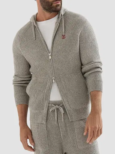 Brunello Cucinelli Men's Cashmere English Rib Hooded Knit Sweatshirt - Stone Grey | Thumbnail 4 Brunello Cucinelli Men's Cashmere English Rib Hooded Knit Sweatshirt - Stone Grey | Thumbnail 4