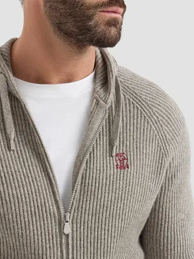Brunello Cucinelli Men's Cashmere English Rib Hooded Knit Sweatshirt - Stone Grey | Thumbnail 5 Brunello Cucinelli Men's Cashmere English Rib Hooded Knit Sweatshirt - Stone Grey | Thumbnail 5