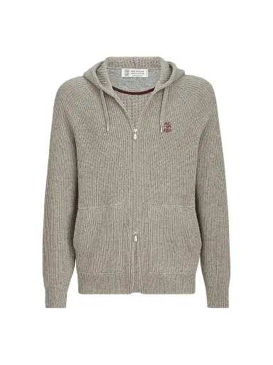 Brunello Cucinelli Men's Cashmere English Rib Hooded Knit Sweatshirt - Stone Grey | Thumbnail 1 Brunello Cucinelli Men's Cashmere English Rib Hooded Knit Sweatshirt - Stone Grey | Thumbnail 1
