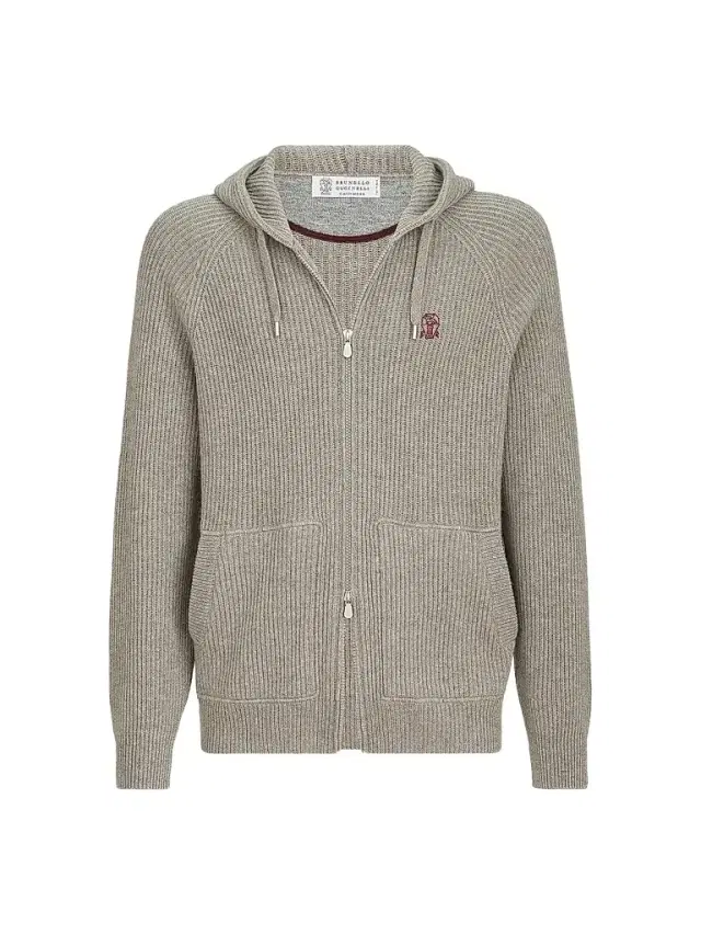 Brunello Cucinelli Men's Cashmere English Rib Hooded Knit Sweatshirt - Stone Grey