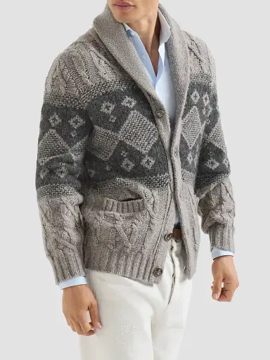 Brunello Cucinelli Men's Virgin Wool, Silk and Cashmere Chiné Cable Knit Cardigan - Grey | Thumbnail 2