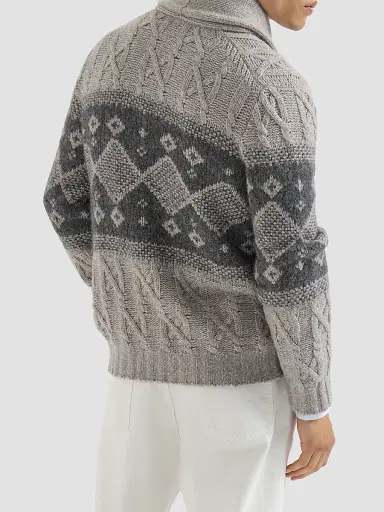 Brunello Cucinelli Men's Virgin Wool, Silk and Cashmere Chiné Cable Knit Cardigan - Grey | Thumbnail 3