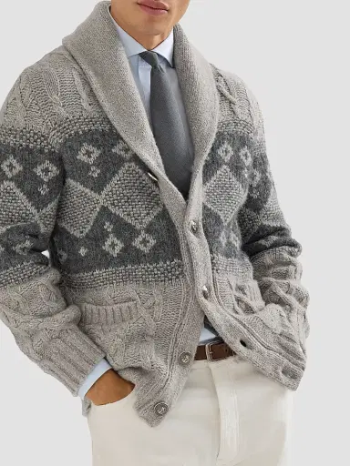 Brunello Cucinelli Men's Virgin Wool, Silk and Cashmere Chiné Cable Knit Cardigan - Grey | Thumbnail 4