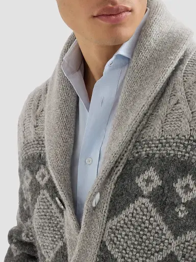 Brunello Cucinelli Men's Virgin Wool, Silk and Cashmere Chiné Cable Knit Cardigan - Grey | Thumbnail 5