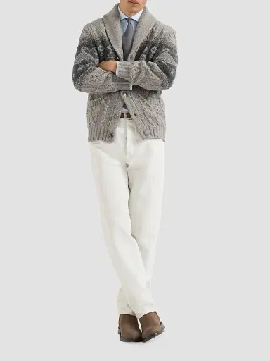 Brunello Cucinelli Men's Virgin Wool, Silk and Cashmere Chiné Cable Knit Cardigan - Grey | Thumbnail 6