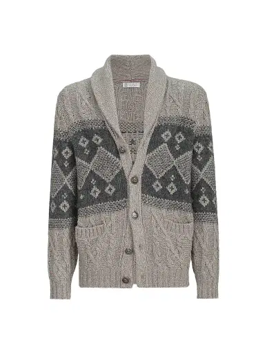 Brunello Cucinelli Men's Virgin Wool, Silk and Cashmere Chiné Cable Knit Cardigan - Grey | Thumbnail 1