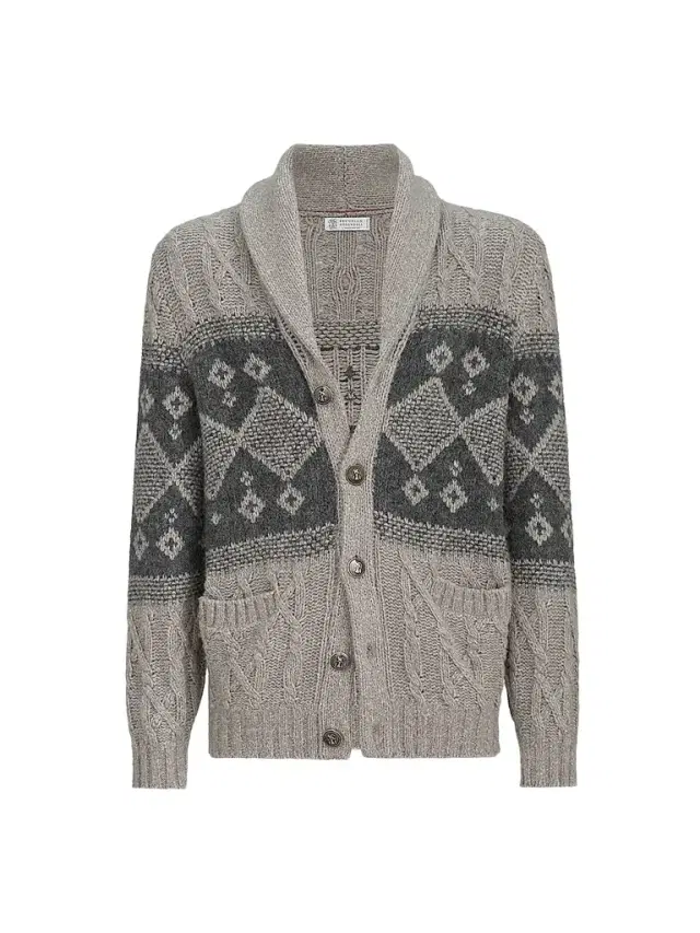 Brunello Cucinelli Men's Virgin Wool, Silk and Cashmere Chiné Cable Knit Cardigan - Grey