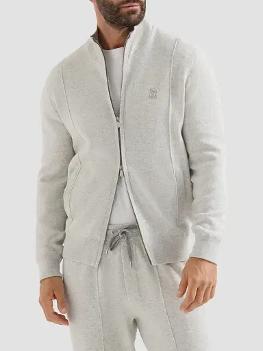 Brunello Cucinelli Men's Cashmere Double Knit Cardigan with Zipper - Light Grey | Thumbnail 2