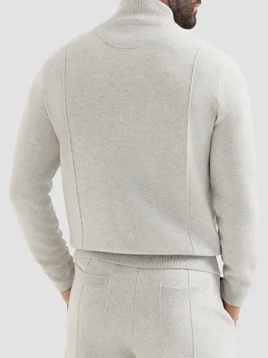 Brunello Cucinelli Men's Cashmere Double Knit Cardigan with Zipper - Light Grey | Thumbnail 3
