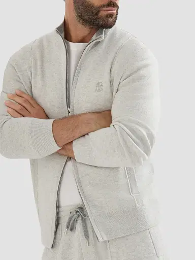 Brunello Cucinelli Men's Cashmere Double Knit Cardigan with Zipper - Light Grey | Thumbnail 4