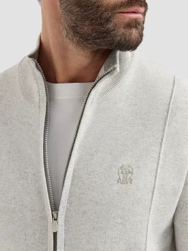 Brunello Cucinelli Men's Cashmere Double Knit Cardigan with Zipper - Light Grey | Thumbnail 5