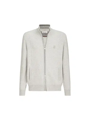 Brunello Cucinelli Men's Cashmere Double Knit Cardigan with Zipper - Light Grey | Thumbnail 1