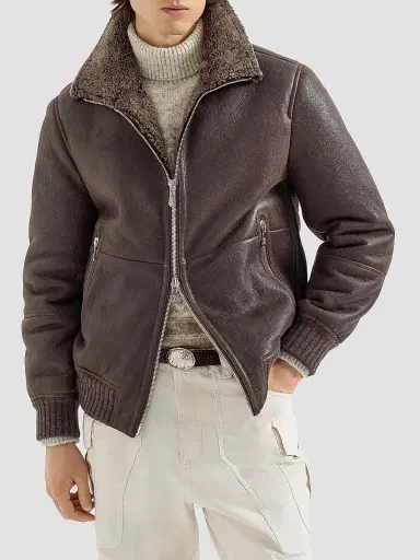 Brunello Cucinelli Men's Vintage-Effect Shearling Bomber Jacket - Brown | Thumbnail 2