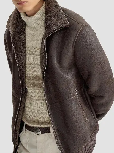 Brunello Cucinelli Men's Vintage-Effect Shearling Bomber Jacket - Brown | Thumbnail 4
