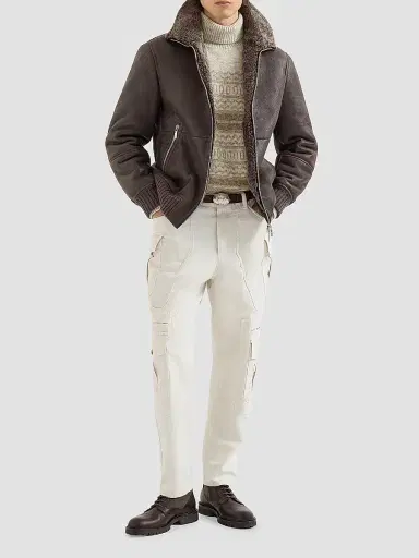 Brunello Cucinelli Men's Vintage-Effect Shearling Bomber Jacket - Brown | Thumbnail 6