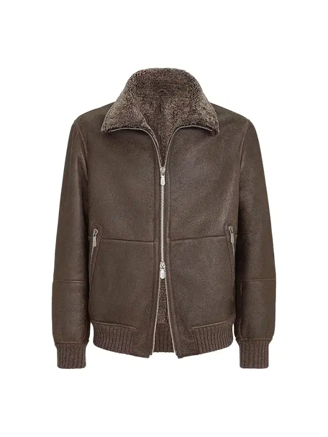 Brunello Cucinelli Men's Vintage-Effect Shearling Bomber Jacket - Brown