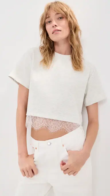 LE BOP Lace Hazel Cropped Tee Heather Grey/White | Thumbnail 2 LE BOP Lace Hazel Cropped Tee Heather Grey/White | Thumbnail 2