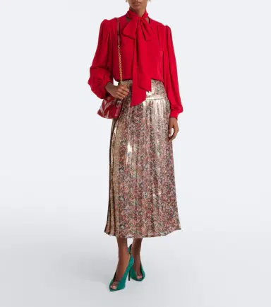 Valentino Floral pleated silk-blend lamé midi skirt | Thumbnail 2