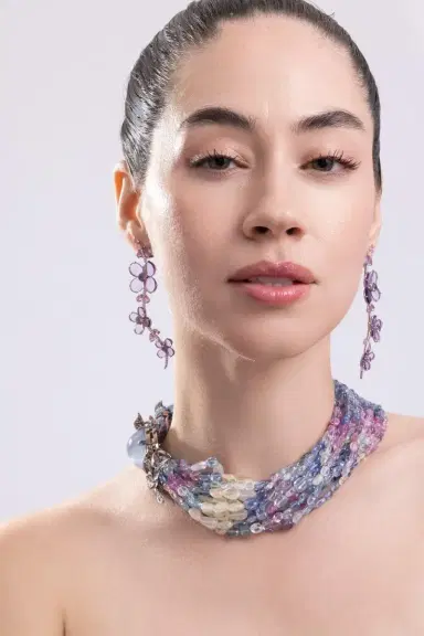 CICADA Amethyst Sapphire Diamond Flower Earrings | Thumbnail 3