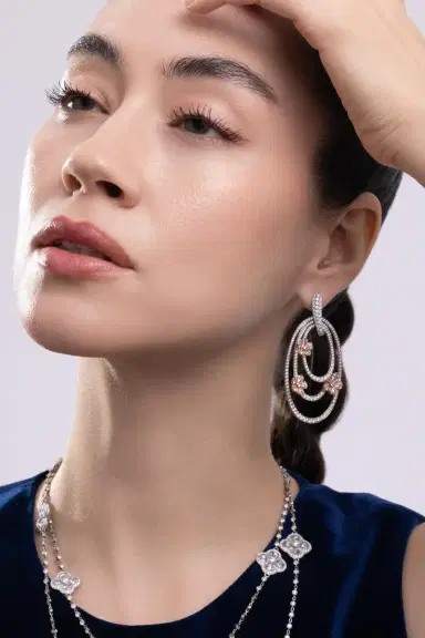 CICADA Pink Diamond Flower Drop Earrings | Thumbnail 2