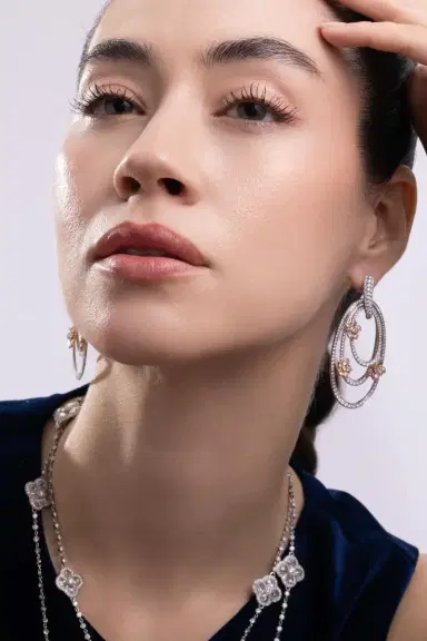 CICADA Pink Diamond Flower Drop Earrings | Thumbnail 4