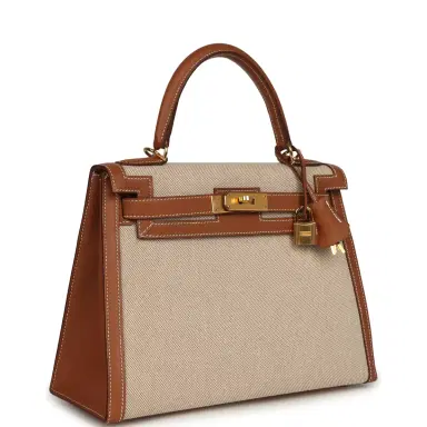HERMÈS Pre-owned Hermes Kelly Sellier 28 Ecru-Beige Toile H Canvas, Gold Swift Gold Hardware | Thumbnail 2 HERMÈS Pre-owned Hermes Kelly Sellier 28 Ecru-Beige Toile H Canvas, Gold Swift Gold Hardware | Thumbnail 2