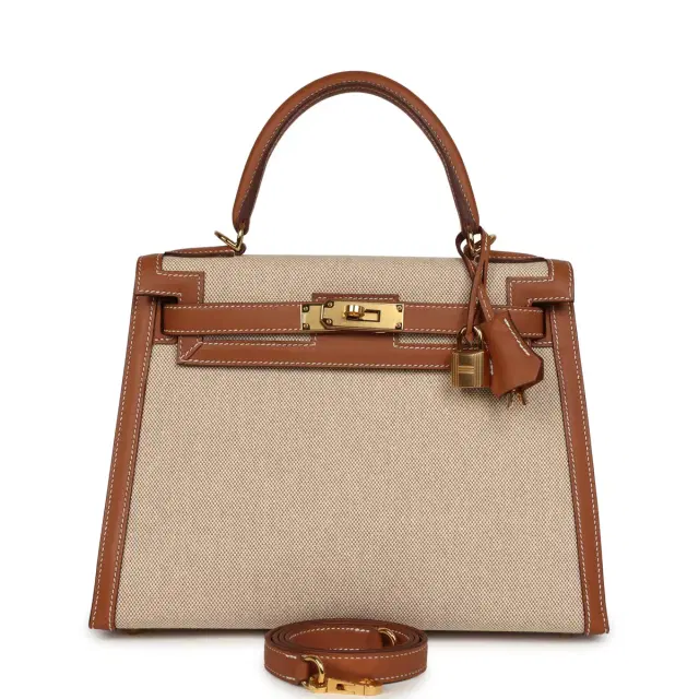HERMÈS Pre-owned Hermes Kelly Sellier 28 Ecru-Beige Toile H Canvas, Gold Swift Gold Hardware