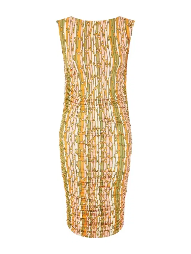 La DoubleJ Printed Ruched Mesh Mini Dress