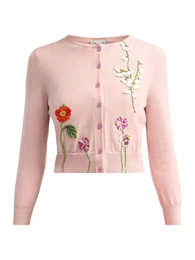 Oscar de la Renta Women's Mixed Floral-Embroidered Wool Cardigan - Blush