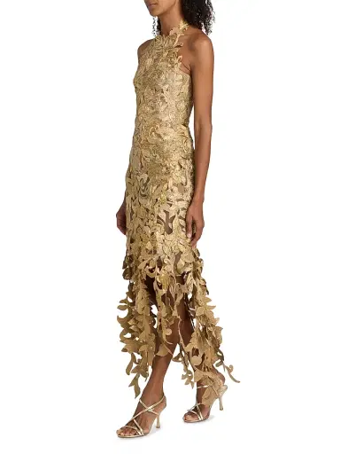 Oscar de la Renta Women's Corded Floral Embroidered Halterneck Gown - Oyster | Thumbnail 2 Oscar de la Renta Women's Corded Floral Embroidered Halterneck Gown - Oyster | Thumbnail 2