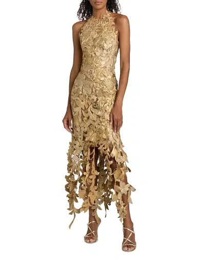 Oscar de la Renta Women's Corded Floral Embroidered Halterneck Gown - Oyster | Thumbnail 3 Oscar de la Renta Women's Corded Floral Embroidered Halterneck Gown - Oyster | Thumbnail 3