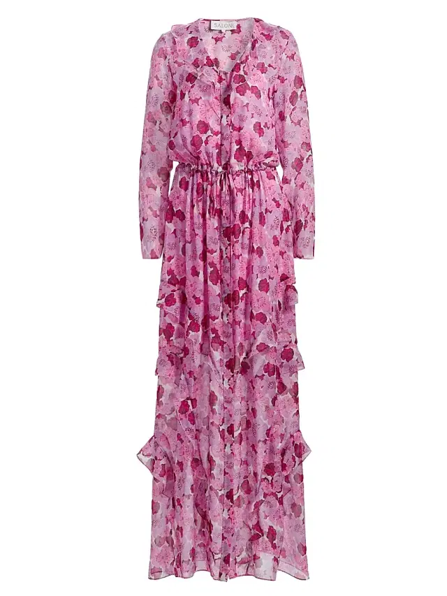 Saloni Women's Izzie Floral Silk-Blend Ruffled Maxi Dress - Windflower Rose