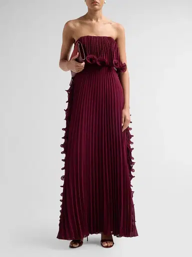 BADGLEY MISCHKA Women's Ruffle Pleated Chiffon Strapless Gown - Wine - Size 16 | Thumbnail 2