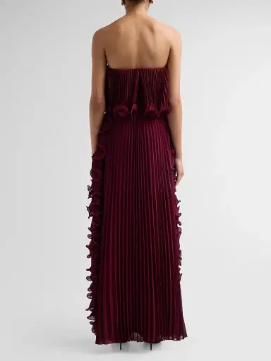 BADGLEY MISCHKA Women's Ruffle Pleated Chiffon Strapless Gown - Wine - Size 16 | Thumbnail 3