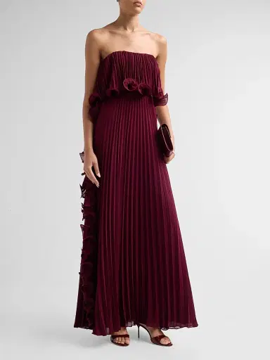 BADGLEY MISCHKA Women's Ruffle Pleated Chiffon Strapless Gown - Wine - Size 16 | Thumbnail 4