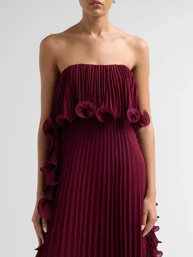 BADGLEY MISCHKA Women's Ruffle Pleated Chiffon Strapless Gown - Wine - Size 16 | Thumbnail 5