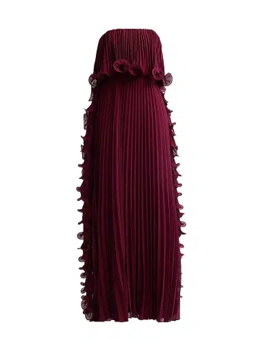 BADGLEY MISCHKA Women's Ruffle Pleated Chiffon Strapless Gown - Wine - Size 16 | Thumbnail 1